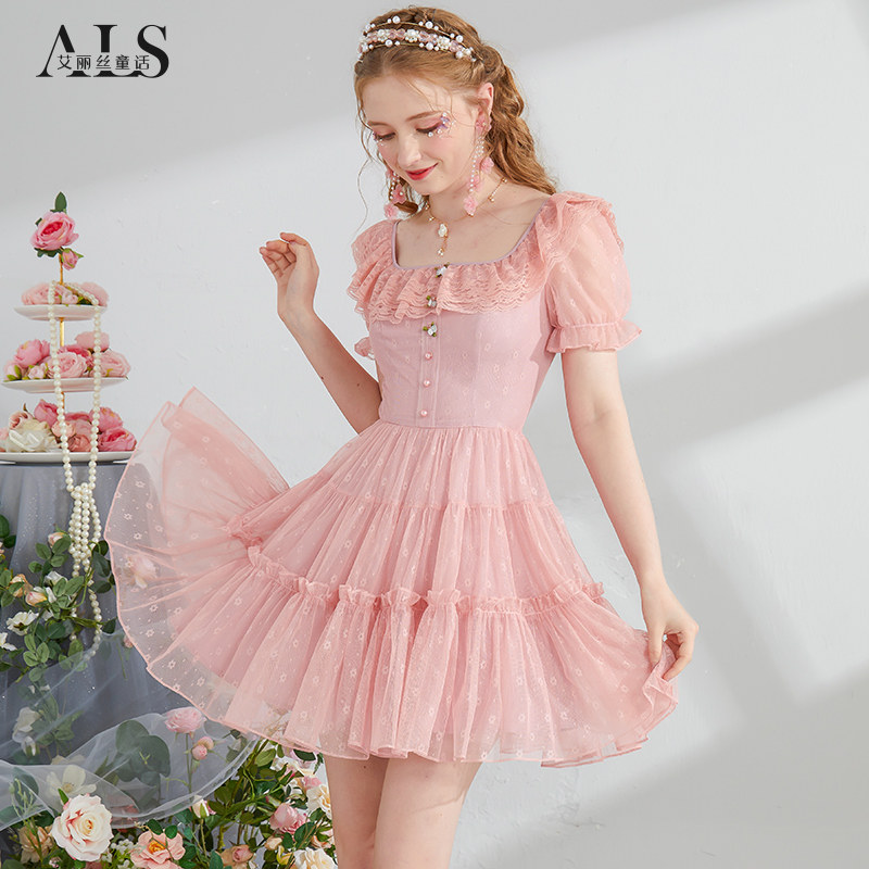 艾丽丝2025夏季新款甜美减龄公主裙子方领短袖收腰显瘦短款连衣裙
