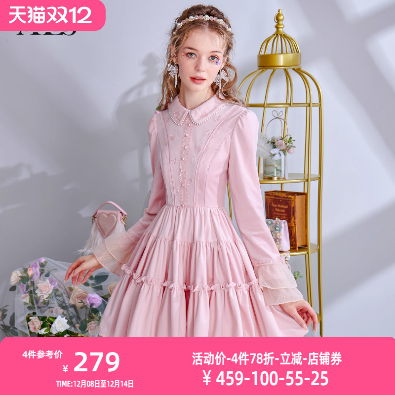 艾丽丝2025秋冬新款甜美粉色短款丝绒连衣裙女娃娃领喇叭袖蛋糕裙