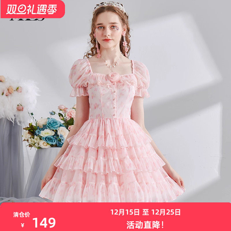 艾丽丝2025夏季新款甜美公主风蛋糕裙粉色印花短袖方领连衣裙短裙