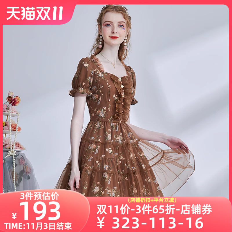 艾丽丝2023夏季新款女装复古气质碎花短款连衣裙甜美短袖收腰裙子