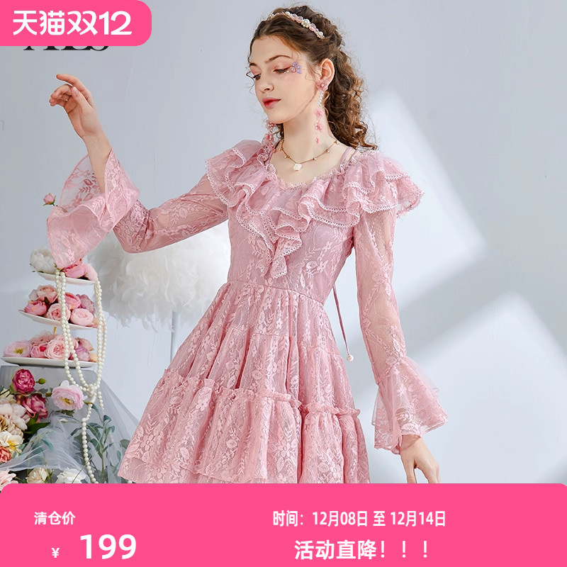 艾丽丝2025秋季新款仙气粉色刺绣短款公主裙甜美喇叭袖V领连衣裙