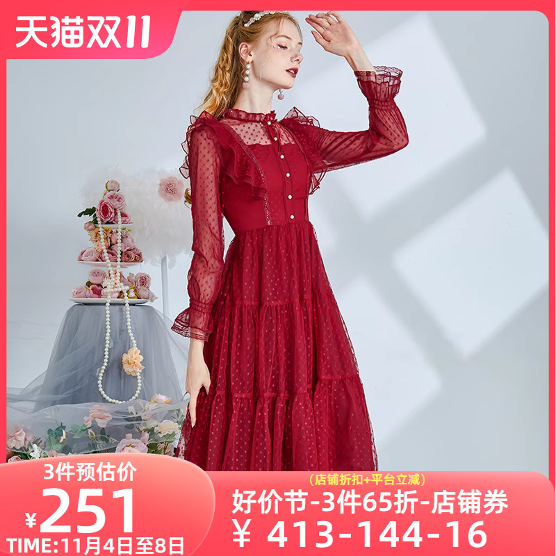艾丽丝2023秋季新款波点荷叶边蕾丝连衣裙气质修身显瘦中长款裙子