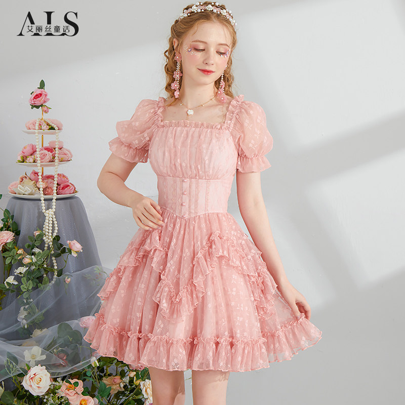 艾丽丝2025夏季新款泡泡袖甜美减龄公主裙方领修身显瘦短款连衣裙