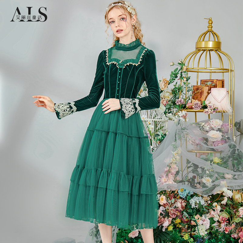 艾丽丝2025冬季新款丝绒连衣裙女修身显瘦复古优雅气质中长款裙子