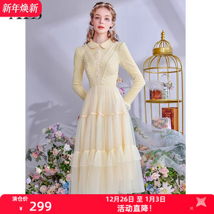 艾丽丝2025秋新款 裙子 超仙公主风弹力针织连衣裙女网纱拼接中长款