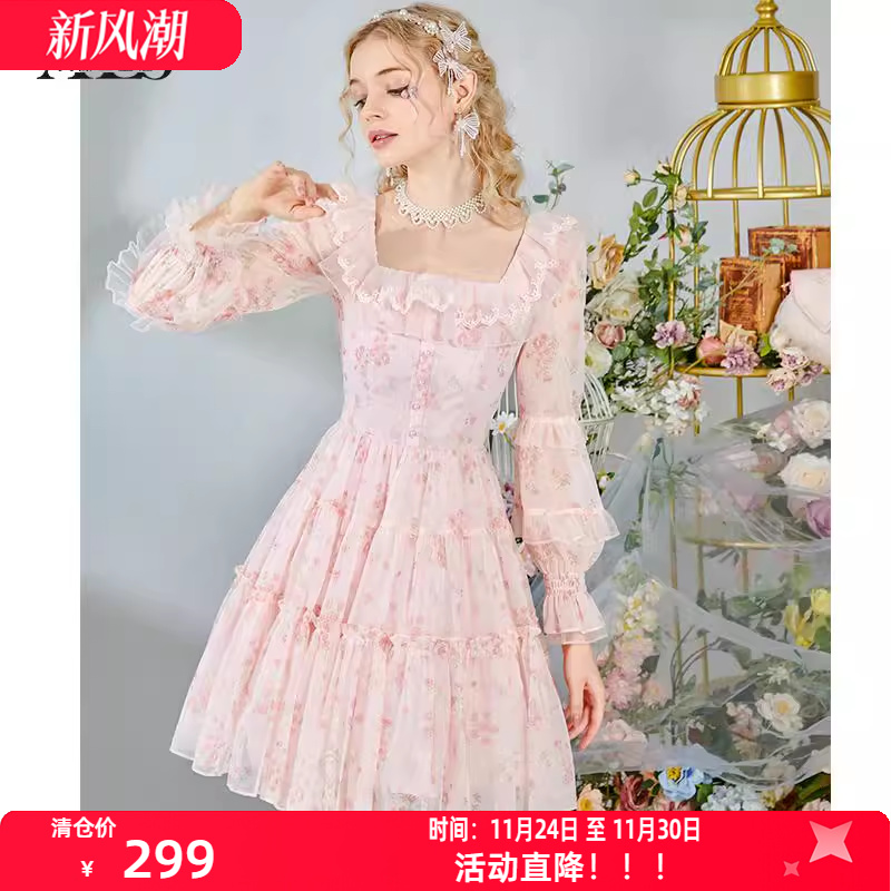 艾丽丝2025秋季新款重工刺绣蕾丝蛋糕裙粉色甜美公主风短款连衣裙