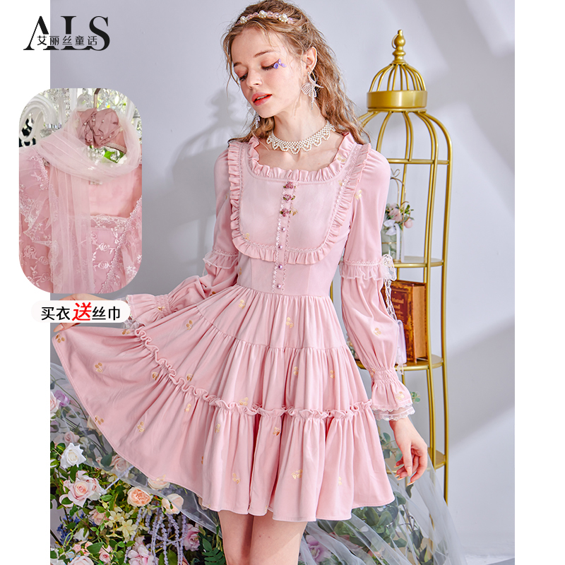 艾丽丝2025秋季新款粉色方领蛋糕裙荷叶边甜美仙气短款连衣裙女