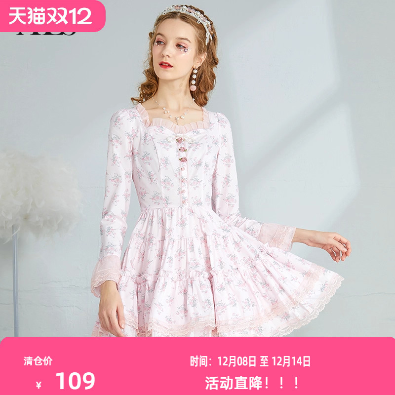 艾丽丝2025秋季新款甜美减龄公主风短款连衣裙长袖方领碎花蛋糕裙