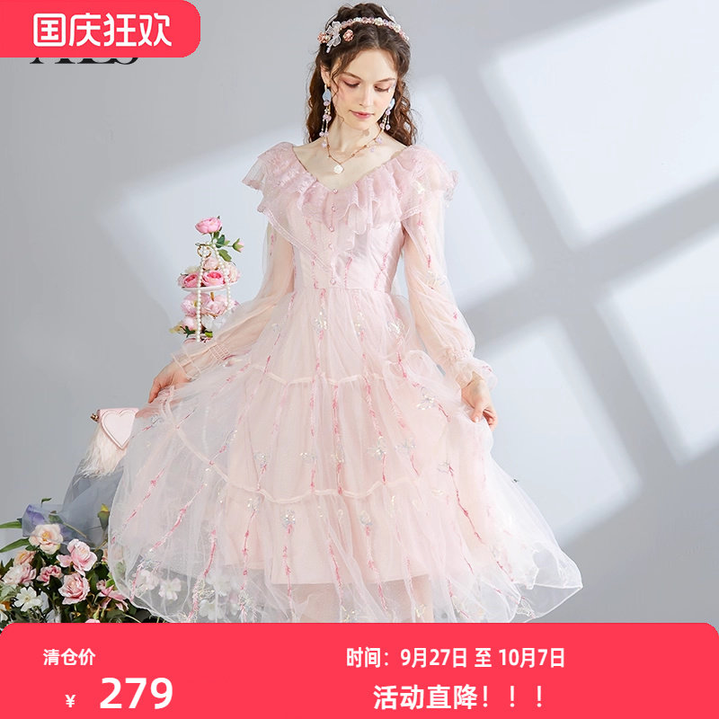 艾丽丝2025秋季新款超仙蕾丝V领连衣裙优雅粉色刺绣中长款公主裙