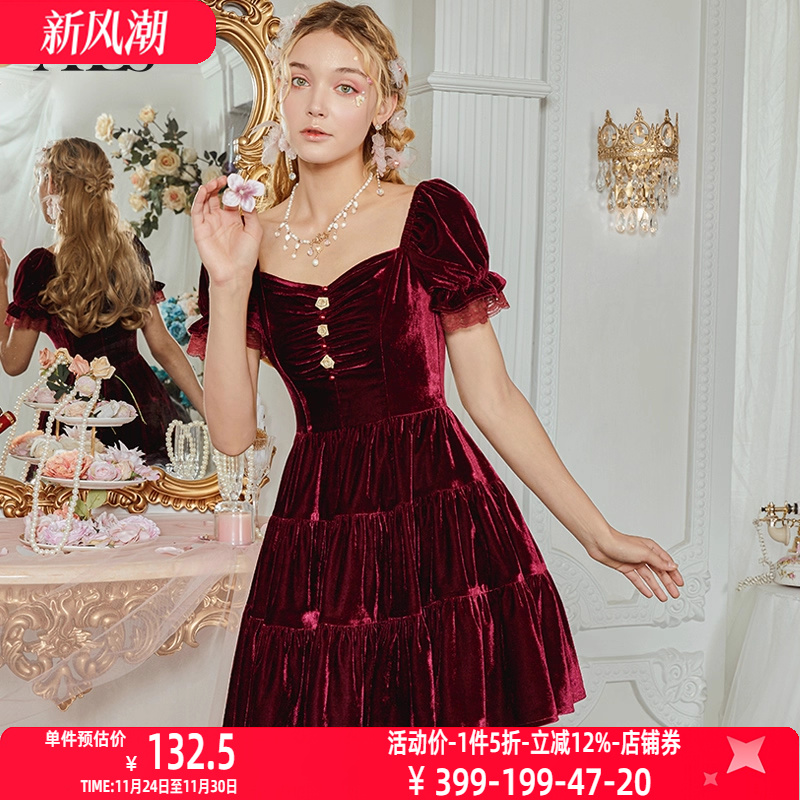 艾丽丝2025新年夏季新款红色甜美公主裙方领高级感丝绒短款连衣裙