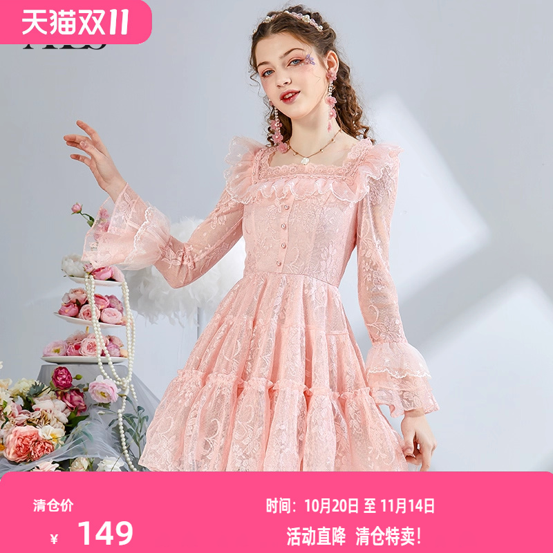 艾丽丝2025秋季新款超仙白色方领蕾丝连衣裙女粉色刺绣短款公主裙