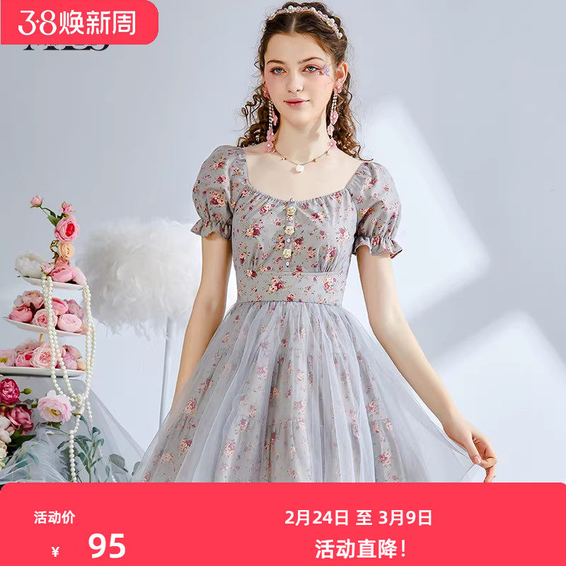 艾丽丝2025夏季新款灰色复古印花短款连衣裙女甜美网纱显瘦公主裙