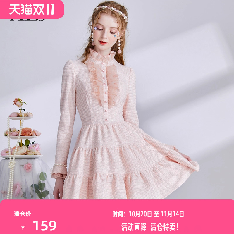 艾丽丝粉色小香风连衣裙女2025秋季新款荷叶边甜美短款公主风裙子