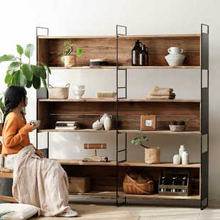 老松木三格书柜侘寂风大型铁艺实木置物柜复古铁艺落地靠墙书架