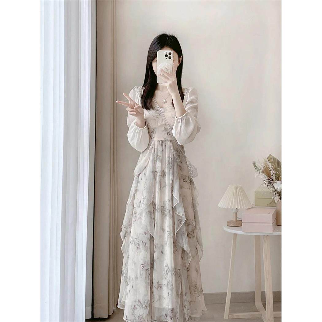 水墨画碎花吊带洋装女夏2026新款高级感小个子雪纺长裙两件式套装