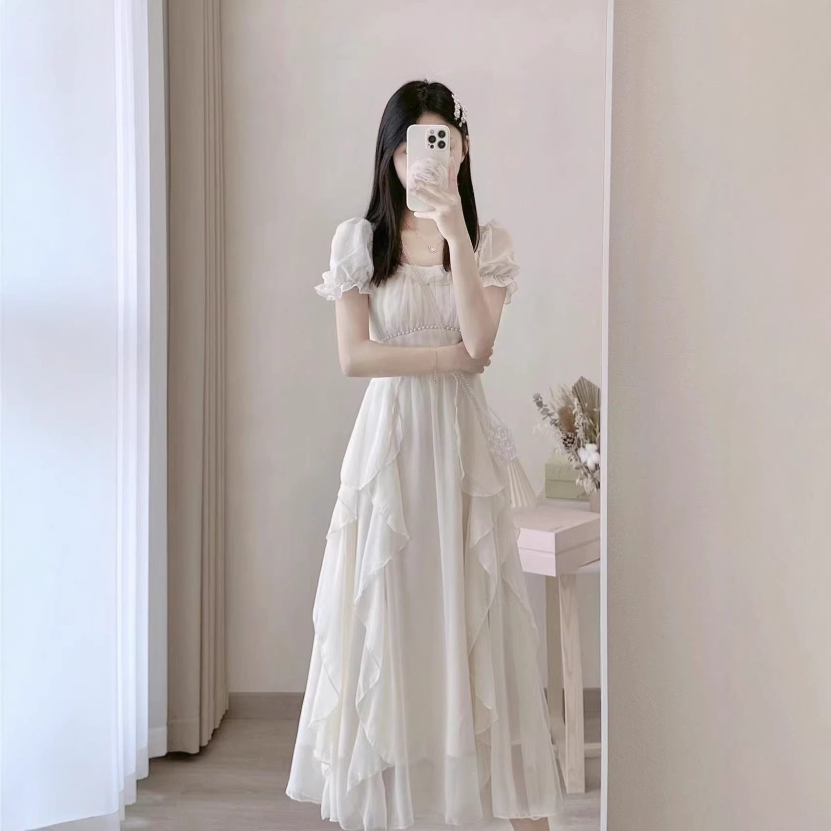 法式方领仙女风连衣裙女夏季新款女装收腰显瘦中长款裙子法式复古