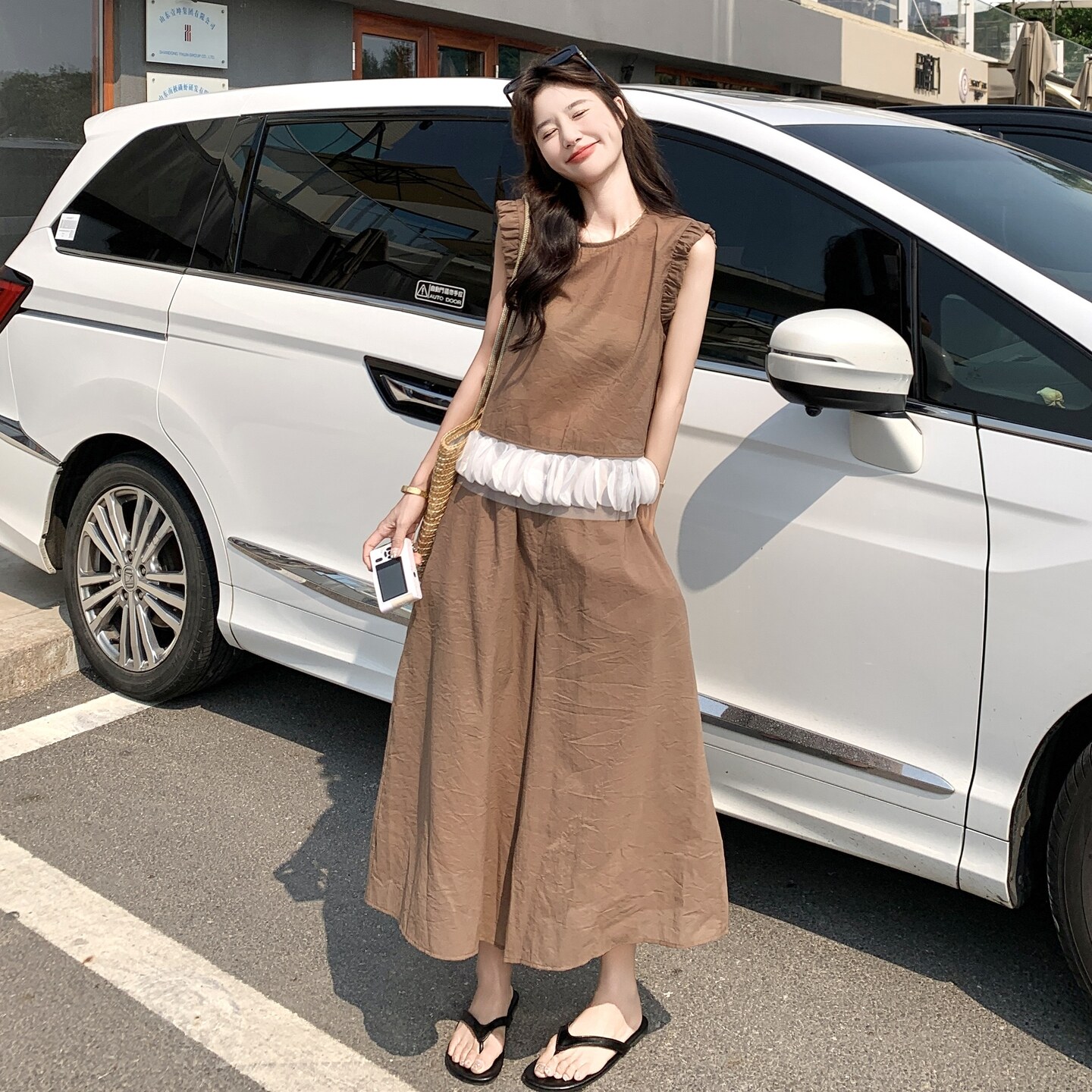 2026韩系甜美套装褶皱纯色无袖衬衫女夏季高腰休闲裤裙裤两件套