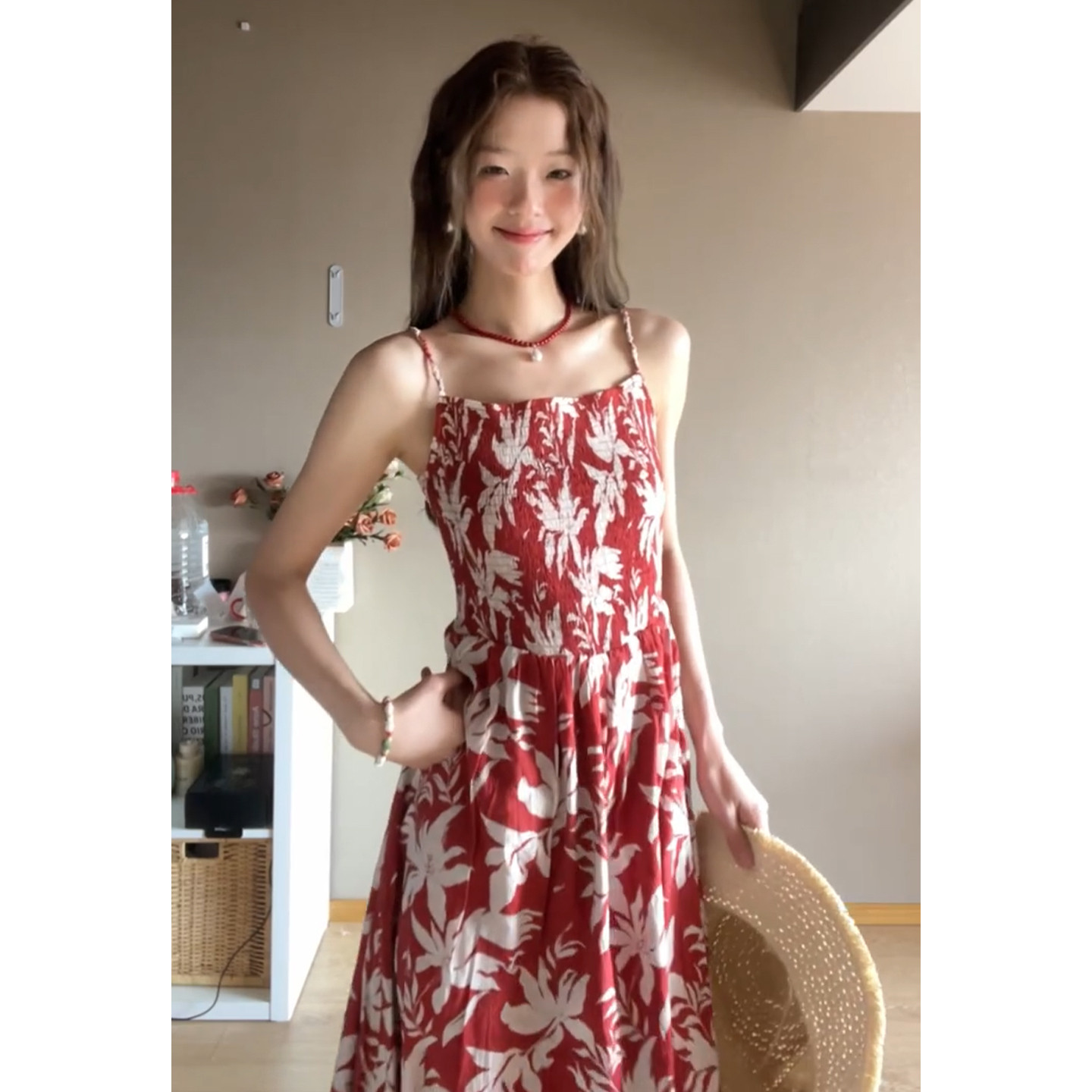 法式红色碎花吊带洋装子