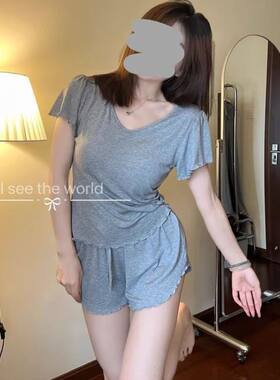 性感睡衣女夏季带胸垫莫代尔薄款短袖短裤露背蕾丝家居服可外套装