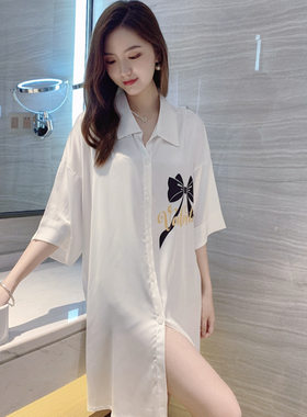 夏季睡衣女性感时尚衬衫领冰丝蕾丝花边睡裙华尔棉