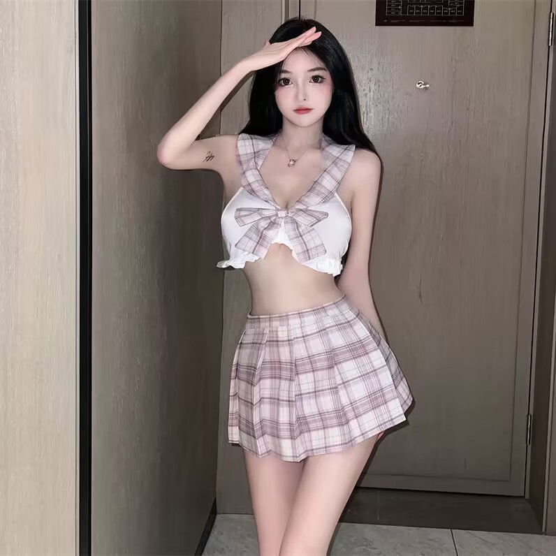 双11大码清纯可爱格子jk裙学生装内衣带镂空女学生制服2282