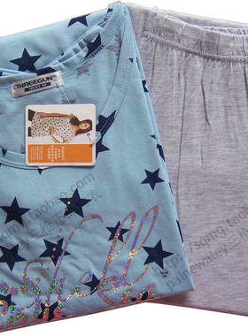 三牌竹纤维棉女家居服宽松大码睡衣套装短袖T恤中裤80464D0 SQ