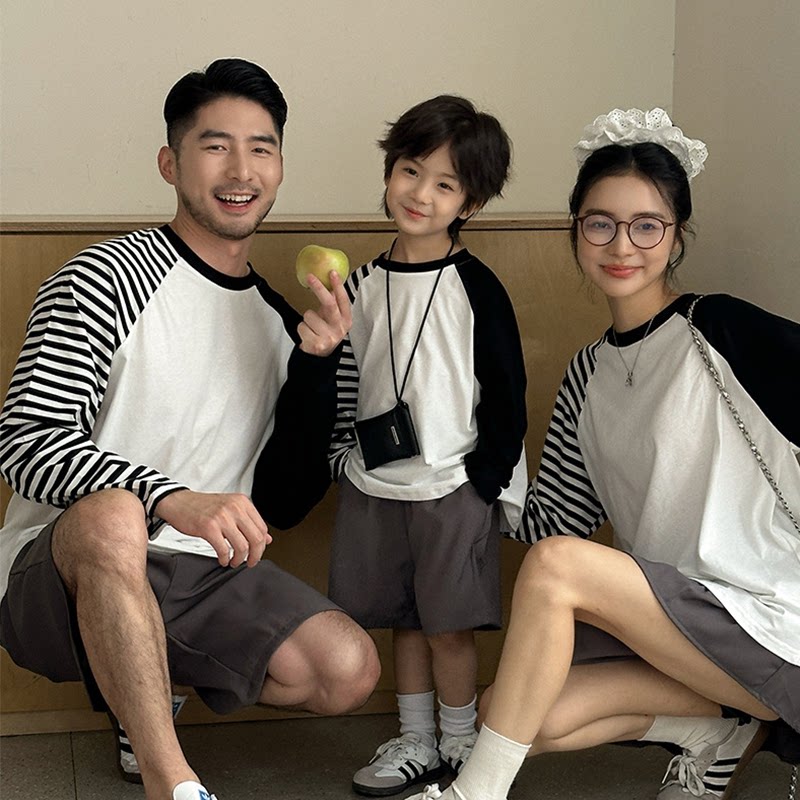 日系春秋亲子装一家三口休闲长袖T恤2025新款洋气母女打底衫上衣