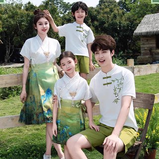 2025新款亲子装夏装中国风短袖一家三口国潮汉服套装母女装马面裙