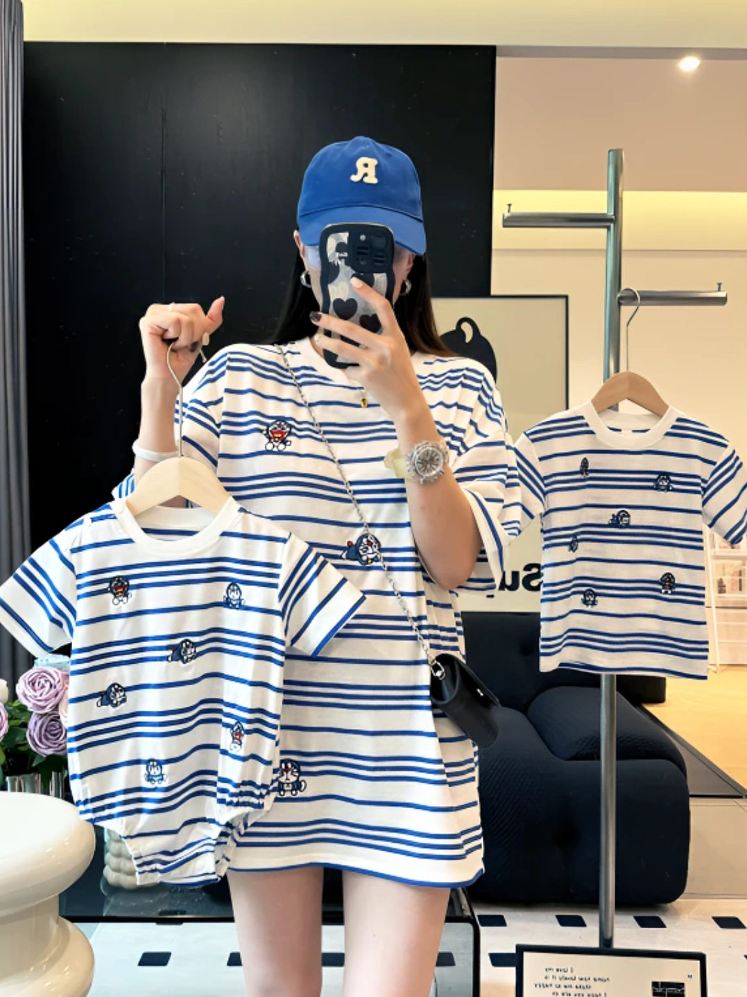 여름 새 부모 - 자식 착용 반팔 세 가족  생일 모자 순면 스트라이프 티셔츠 가족 착용 서양식