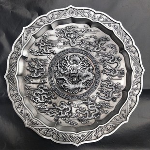 古玩杂项盘子碟子套装镀铜龙盘子小号茶垫杯垫家居装饰民国铜器