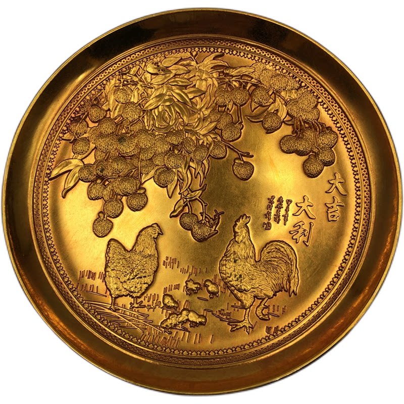 古玩杂项盘子 十二生肖 五虎图摆件微大号家居鎏金鎏银工艺装饰品