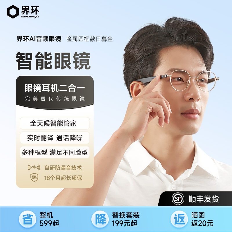 界环AI智能眼镜蓝牙耳机音频眼镜实时翻译同声传译眼镜蓝牙AI眼镜翻译眼镜蓝牙眼镜非VR眼镜SS0203CN金属圆框