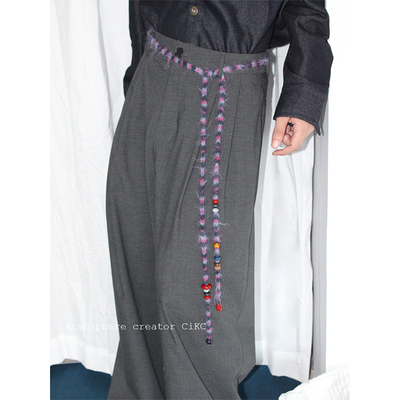 时髦拼色珠串毛绒多用腰链项链