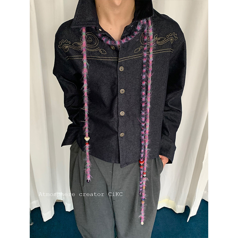 别致个性毛绒珠串细长项链围巾