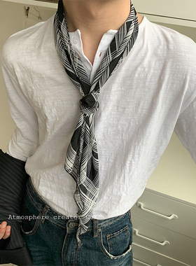 百搭复古格纹丝巾领巾男女小众时髦叠带细围巾搭配腰链多功能头巾