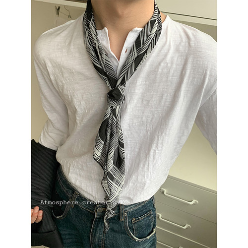 日韩博主百搭复古格纹丝巾领巾