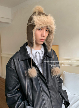 CiKC复古加厚毛绒雷锋帽男飞行员皮质骑行防寒护暖帽子女旅游摆拍