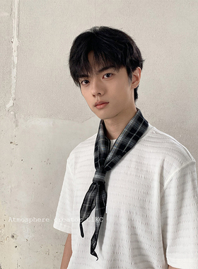 retro简约黑色格纹三角巾男女时髦装饰领结ins博主风叠带腰链围巾