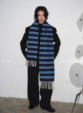 CiKC 蓝调时刻 复古拼色羊毛加厚围巾男女秋冬百搭时髦双面围脖潮