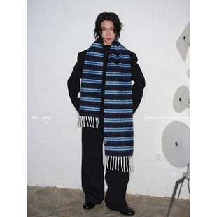 CiKC 复古拼色羊毛加厚围巾男女秋冬百搭时髦双面围脖潮 蓝调时刻