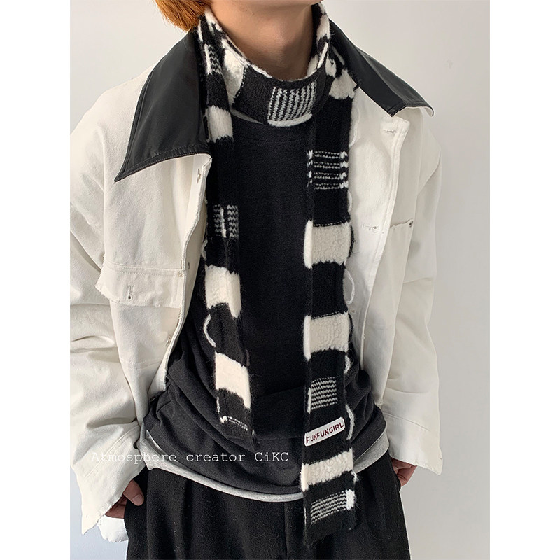 韩国小众设计长条围巾秋冬复古时髦拼色卷边细围脖穿搭叠带细窄潮