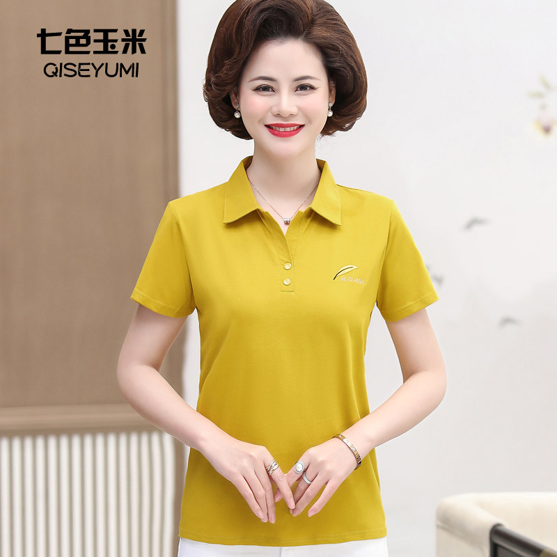 中老年女长袖带领子上衣妈妈短袖T恤中年小衫翻领衬衣