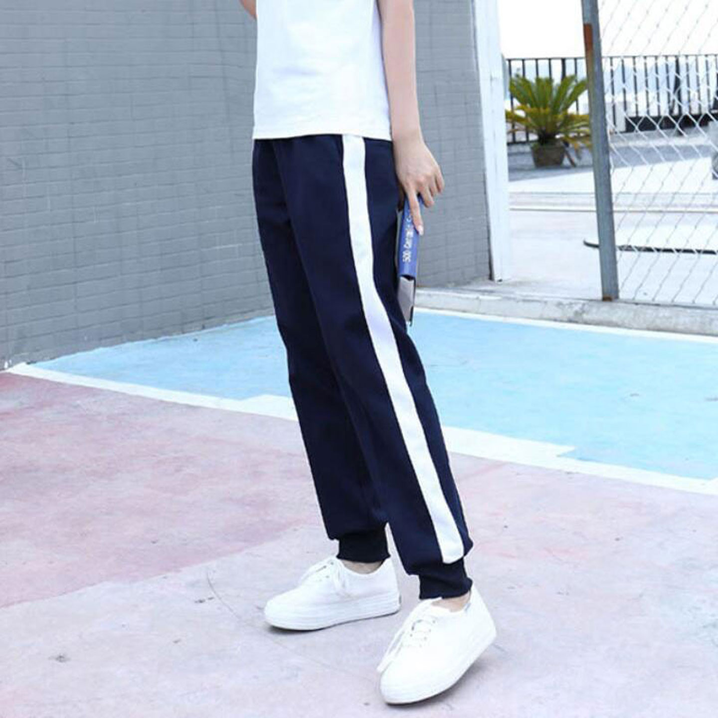 校服裤子春秋季棉束脚款宽白边