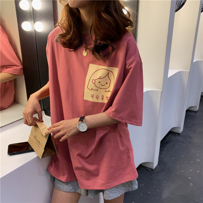  下身失踪粉色卡通短袖t恤女夏装2021年新款韩版简约宽松原宿上衣