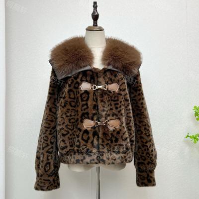 豹纹短款环保毛皮草外套狐狸毛领