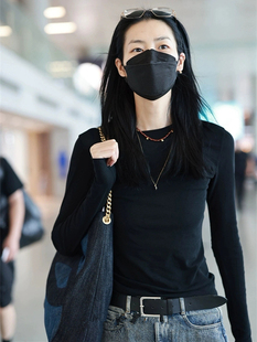 刘雯同款黑色修身长袖t恤女2023秋季圆领正肩纯棉纯色内搭打底衫