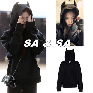Jennie金珍妮同款黑色小恶魔卫衣女秋冬字母宽松加绒慵懒风连帽衫