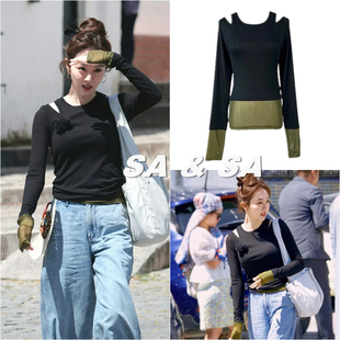 中餐厅姜妍明星同款黑色网纱拼接两件套长袖t恤女设计感小众上衣