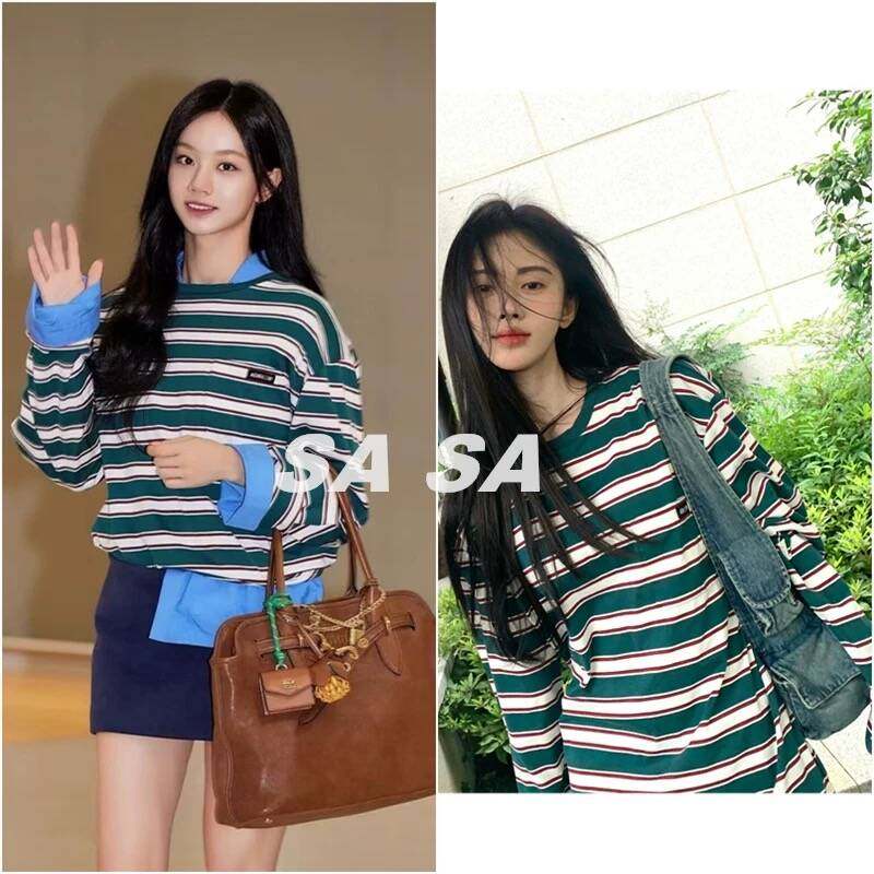 鞠婧祎同款绿色条纹长袖t恤女2025秋季新款美式纯棉休闲宽松上衣,女装/女士精品,T恤,淘宝优惠券,粉丝福利购,淘宝优惠卷