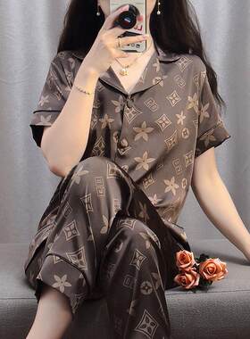 1V同款老花睡衣女士夏季高级感短袖长裤大牌丝绸套装家居服冰丝薄